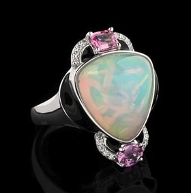 PLATINUM OPAL, PINK SAPPHIRE & DIAMOND RING W/ REPORT