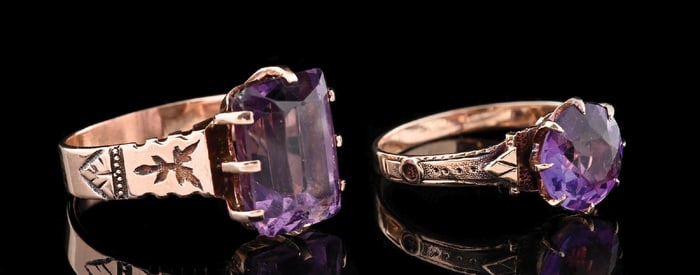 LOT OF 2: VICTORIAN ROSE GOLD AMETHYST RINGS