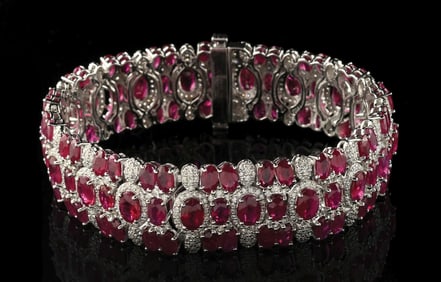 PLATINUM 33CT BURMESE RUBY & DIAMOND BRACELET W/ GIA REPORT