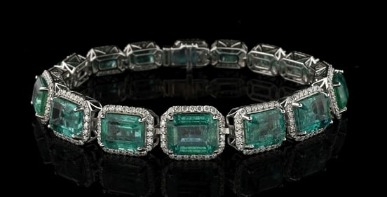 PLATINUM 36CT EMERALD & DIAMOND BRACELET W/ REPORT