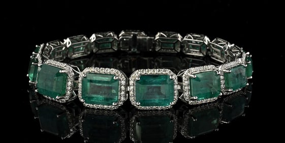 PLATINUM 37CT EMERALD & DIAMOND BRACELET W/ REPORT