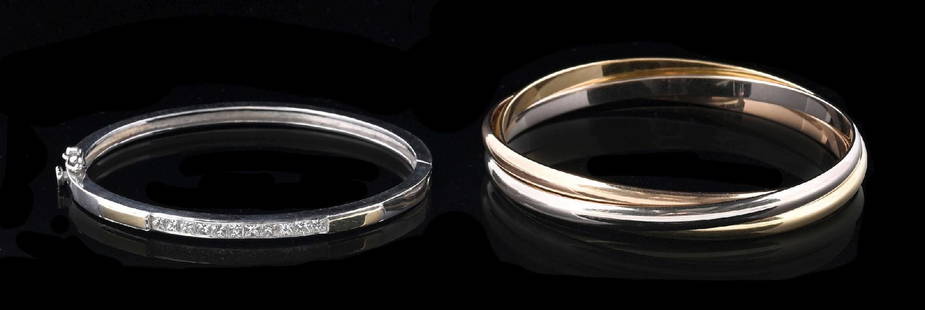 LOT OF 2: CARTIER ROLLING BRACELET & DIAMOND BANGLE: Lot of 2 ladies' bracelets including an 18k tri-color gold Cartier rolling bracelet marked "Cartier 750 MD (c) RT7789 (heart) SNOE," and a 3.75mm wide 14k white gold bangle set with 11 channel-set pri