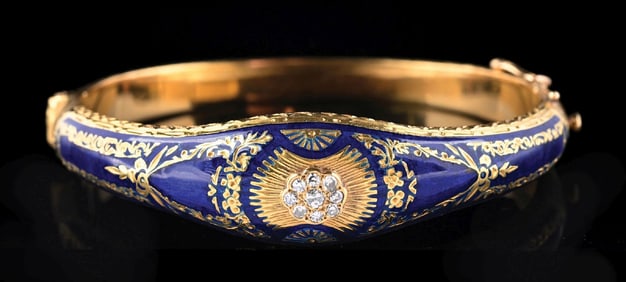 18K GOLD JACCARD'S ENAMELED DIAMOND BRACELET W/ ORIGINAL BOX