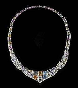 PLATINUM MULTI COLOR 124CT SAPPHIRE & DIAMOND NECKLACE W/ GIA REPORT