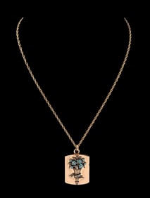 ANTIQUE 14K YELLOW GOLD TURQUOISE & DIAMOND LOCKET W/CHAIN
