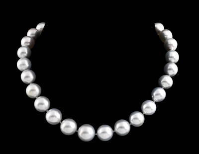 GRADUATED CULTURED PEARL STRAND NECKLACE: Cultured pearl strand necklace with 14k white gold clasp consisting of 28 graduated individually knotted silver/blue pearls measuring from 11mm to 14mm in diameter, length adjustable from 15" to 17",