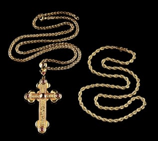 LOT OF 2: 14K GOLD CHAINS WITH HEAVY 18K CROSS
