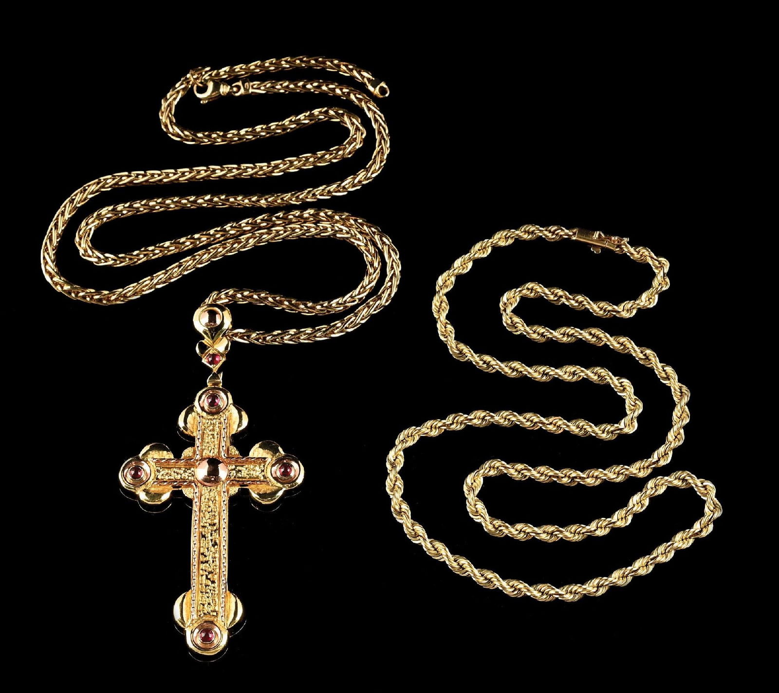 LOT OF 2: 14K GOLD CHAINS WITH HEAVY 18K CROSS: Lot of 2 14k yellow gold chains / necklaces with an 18k rose and yellow gold two-tone cross pendant with 5 round cabochon garnets. Cross has a hidden secret compartment inside. Both chains marked "14K