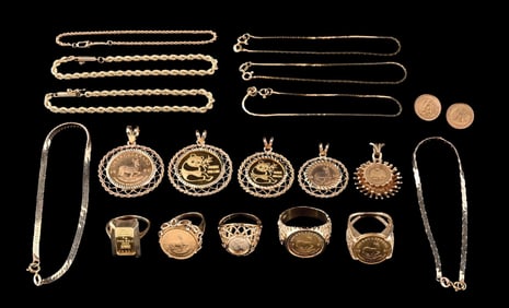 VARIOUS PIECES OF GOLD COIN JEWELRY AND GOLD CHAINS
