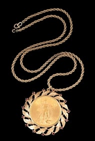 1925 DOUBLE EAGLE GOLD COIN W/14K BEZEL & G/F ROPE CHAIN