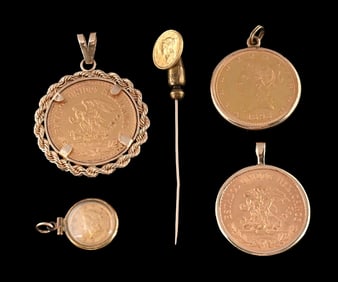 LOT OF 5: VARIOUS GOLD COIN JEWELRY ITEMS
