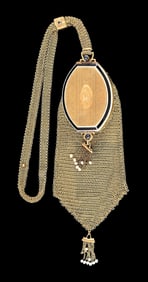 LADIES' ANTIQUE 14K GOLD ENAMELED MESH COMPACT COIN PURSE