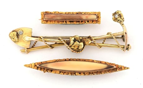 COLLECTION OF 3 MINER'S SWEETHEART PINS WITH DIAMONDS, AGATE AND GOLD NUGGETS