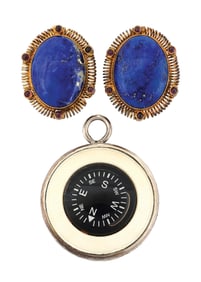 COLLECTION OF BLUE POLISHED STONE GOLD EARRINGS AND JIM SORNBERGER COMPASS