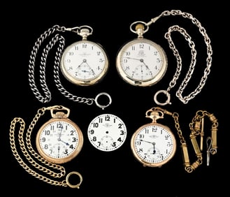 LOT OF 4: BALL OPEN FACE POCKET WATCHES W/ CHAINS & 1 SPARE DIAL