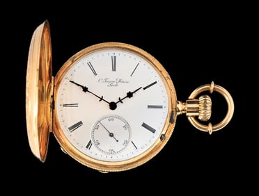 18K YELLOW GOLD C. FAIVRE-PERRIN H/C POCKET WATCH W/ORIGINAL PAPERS & CASE