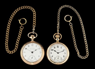 LOT OF 2: HOWARD & SETH THOMAS OPEN FACE POCKET WATCHES W/ CHAINS.
