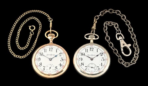 LOT OF 2: ILLINOIS OPEN FACE POCKET WATCHES W/ CHAINS