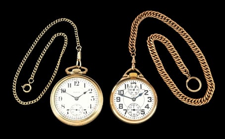 LOT OF 2: ELGIN OPEN FACE POCKET WATCHES W/ CHAINS
