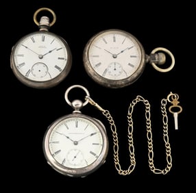 LOT OF 3: COIN SILVER OPEN FACE POCKET WATCHES W/ 1 KEY & CHAIN