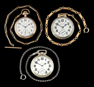 LOT OF 3: HAMILTON OPEN FACE POCKET WATCHES W/ CHAINS