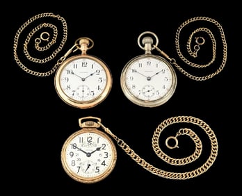 LOT OF 3: WALTHAM OPEN FACE POCKET WATCHES W/ CHAINS