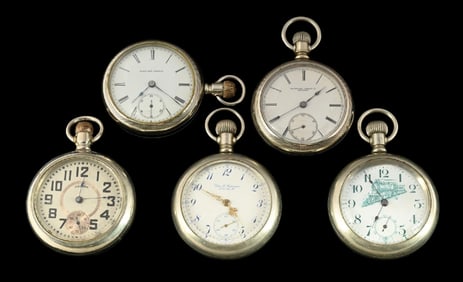 LOT OF 5: NICKEL SILVER OPEN FACE POCKET WATCHES