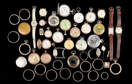 LARGE GROUP OF MISC. POCKET WATCHES, CASES, WRISTWATCHES & PARTS