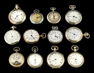LOT OF 12: NICKEL SILVER OPEN FACE POCKET WATCHES