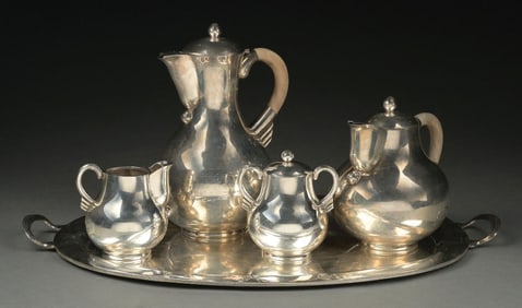 MID-CENTURY MODERN HECTOR AGUILAR TAXCO MEXICO STERLING SILVER TEA & COFFEE SET W/ TRAY.