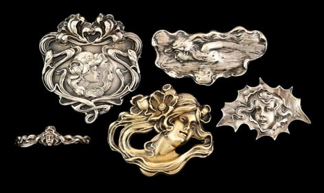 LOT OF 5: ART NOUVEAU STERLING SILVER PINS, 4 BY UNGER BROTHERS