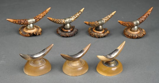 LOT OF 7: SILVER MOUNTED ENGLISH CARVED ANTLER & HORN KNIFE RESTS
