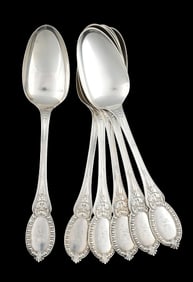 SET OF 6: HENRY HEBBARD MASK 1859 STERLING SILVER TABLE SPOONS