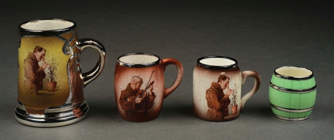 LOT OF 4: STERLING SILVER OVERLAY HANDLED MUGS, 3 OF MONKS