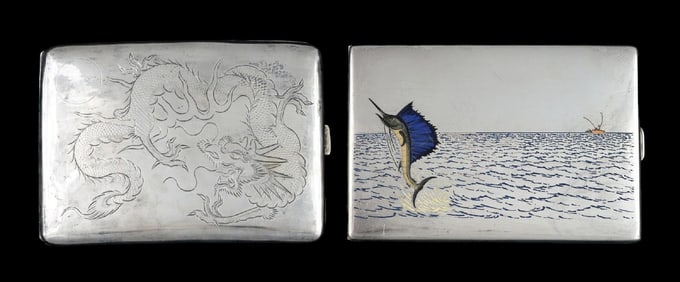LOT OF 2: SEA FISH AND CHINESE DRAGON STERLING CIGAR CASES