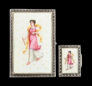 LOT OF 2: STERLING SILVER & ENAMEL MATCHING CIGARETTE & MATCH SAFE