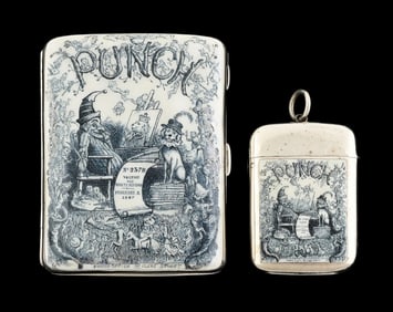 LOT OF 2: STERLING SILVER MATCH SAFE & CIGARETTE CASE W/ ENAMEL WORK OF PUNCH & JUDY