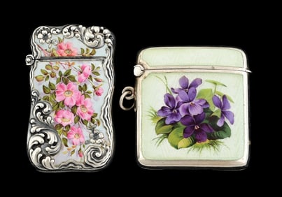 LOT OF 2: STERLING SILVER & ENAMEL FLORAL MATCH SAFES