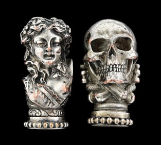 LOT OF 2: FIGURAL MATCH SAFES NICKEL PLATED