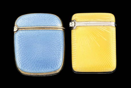 LOT OF 2: STERLING SILVER MATCH SAFES: (A) C. 1900 English sterling yellow sunburst guilloche. 1-3/4" by 1-1/4". (B) Blue guilloche David Anderson of Norway. 1-3/4" by 1-1/2". No damage or repairs to either. Strong hinges. Condition: (Exce