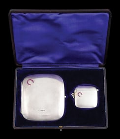 LOT OF 2: STERLING SILVER CIGARETTE CASE & MATCH SAFE W/ RUBY HORSESHOES