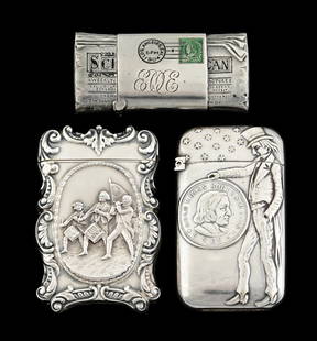LOT OF 3: STERLING & SILVER PLATED MATCH SAFES: (A) Scientific American Newspaper green enamel stamp by Eros Richardson. (B) Patriotic with drum player. (C) Nickel plated Uncle Sam with Columbia coin, 1893, and World's Fair Expo. All with no damage