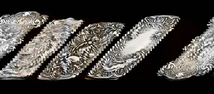 LOT OF 4: STERLING SILVER MATCH SAFES: (A) Ornate mermaid with catfish on both sides. (B) Man and woman in flight, "Hades Abducts Persephone" by Kerr, with monogram. Small dent in back. (C) Hidden original photo and mermaid in underwater s