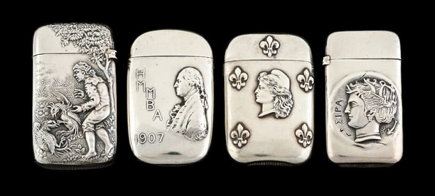 LOT OF 4: STERLING SILVER MATCH SAFES W/ FIGURES