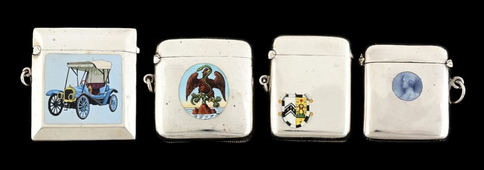 LOT OF 4: ENAMEL & STERLING SILVER MATCH SAFES