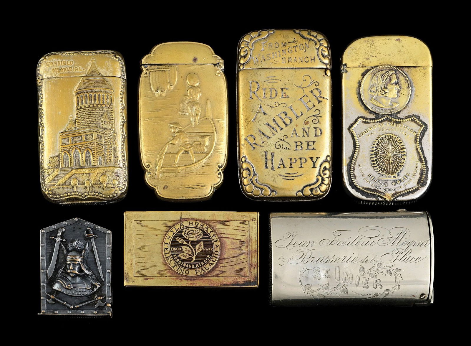 LOT OF 7: BRASS & PLATED BRASS MATCH SAFES (1 of 2)