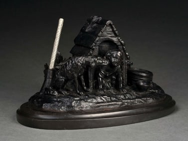 CAST IRON INKWELL CHILD & DOG DOUBLE INKWELL