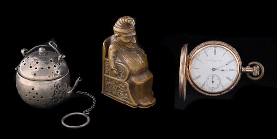 PUNCH VESTA CASE, ELGIN POCKET WATCH, STERLING TEA STRAINER