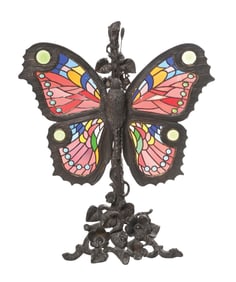 BRONZE AND STAINED GLASS FIGURATIVE BUTTERFLY FIRE SCREEN