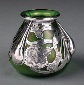 CRETA LOETZ VESUVIAN W/ ALVIN SILVER OVERLAY VASE